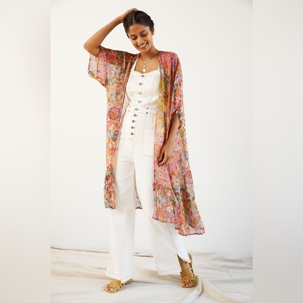 anthropologie blank london floral shimmer longline kimono
